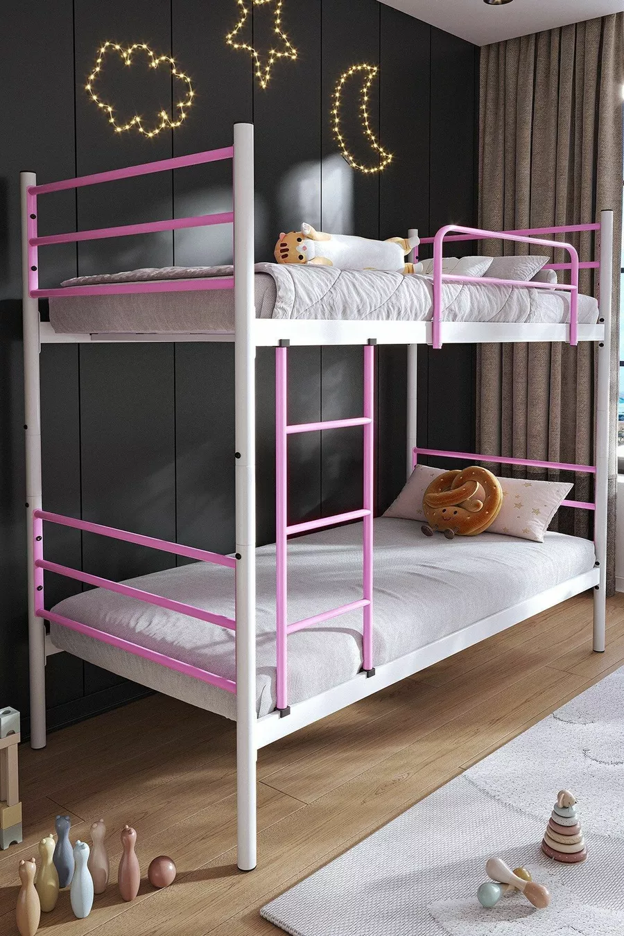 Trend Bunk Bed Compatible with Mattress Light Pink Detachable Metal Bunk Bed Frame