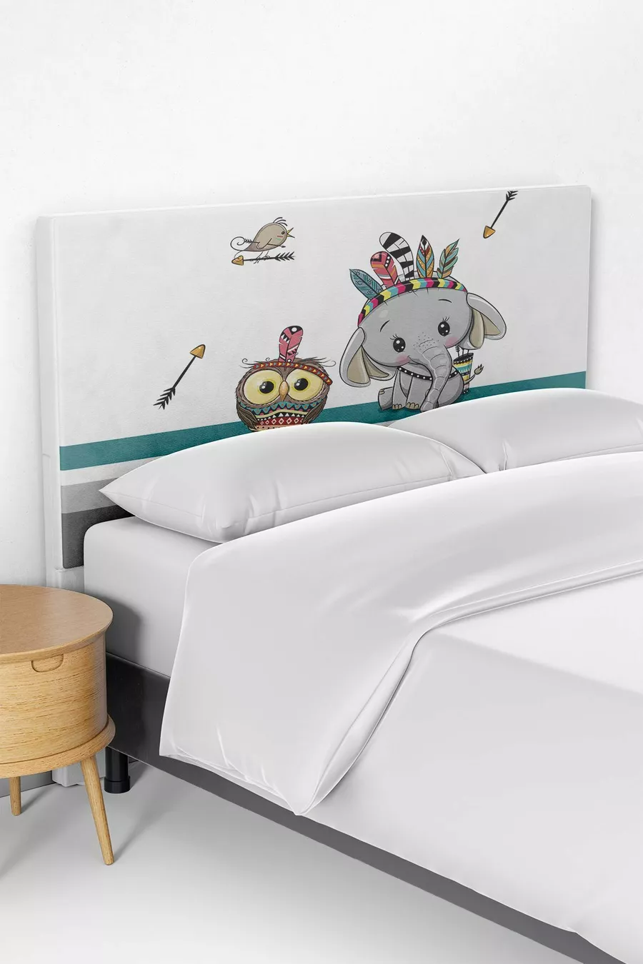 Copripiumino per testiera letto bambini con motivo gufo e elefante