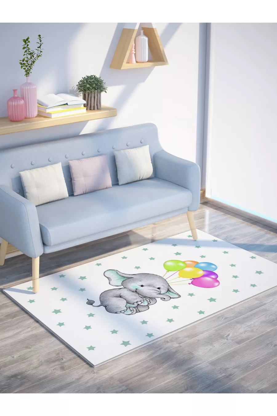 Ensemble pour chambre d'enfant avec éléphant volant en ballon (rideau de fond - couvre-lit et oreiller - tapis)
