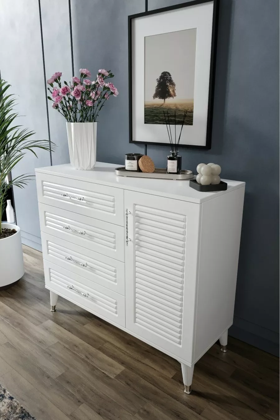 Panjurlu 4 Çekmeceli 1 Kapaklı Şifonyer Modern Tasarım, MDF Kapak, Beyaz Gümüş
