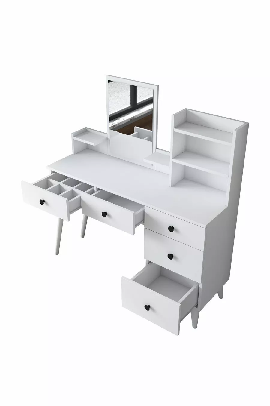 Coiffeuse avec miroir et 5 tiroirs, étagère pour bijoux, blanche