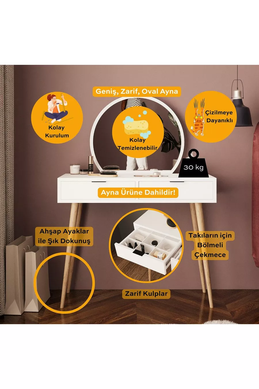 Table de maquillage Lucy – Blanc | Avec miroir, organisateur de bijoux, design élégant