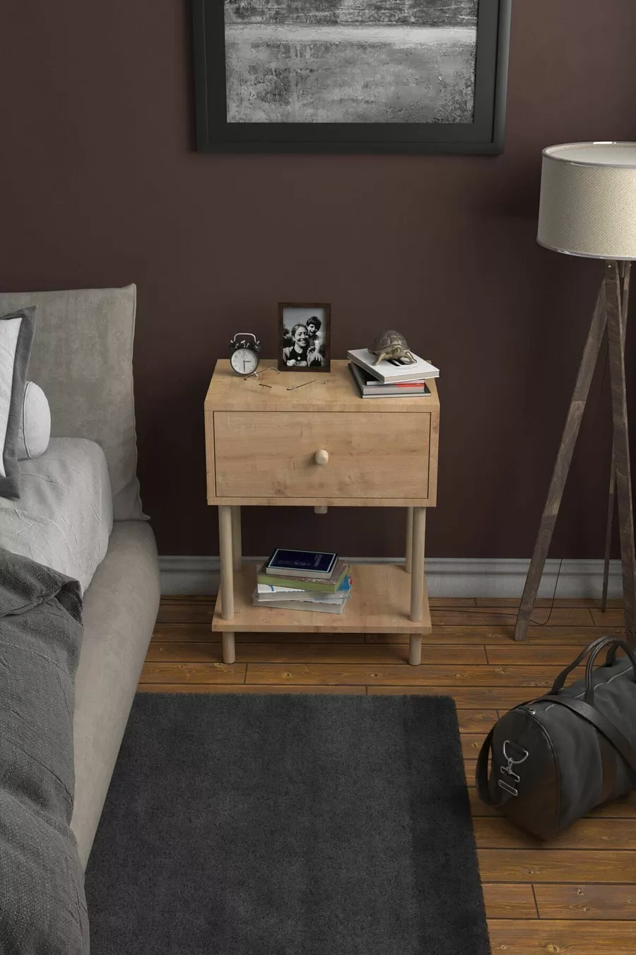 Table de chevet moderne avec étagère et couvercle batant, organisateur de chambre à coucher avec pieds en bois - Chêne Saphir