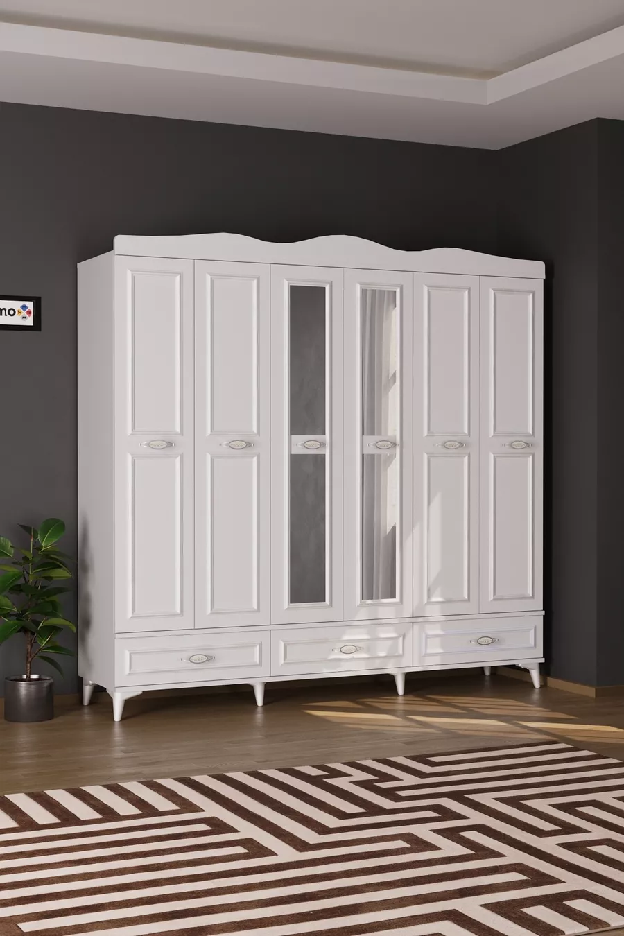 Armadio bianco Luna 6 con specchio, 3 cassetti e ante