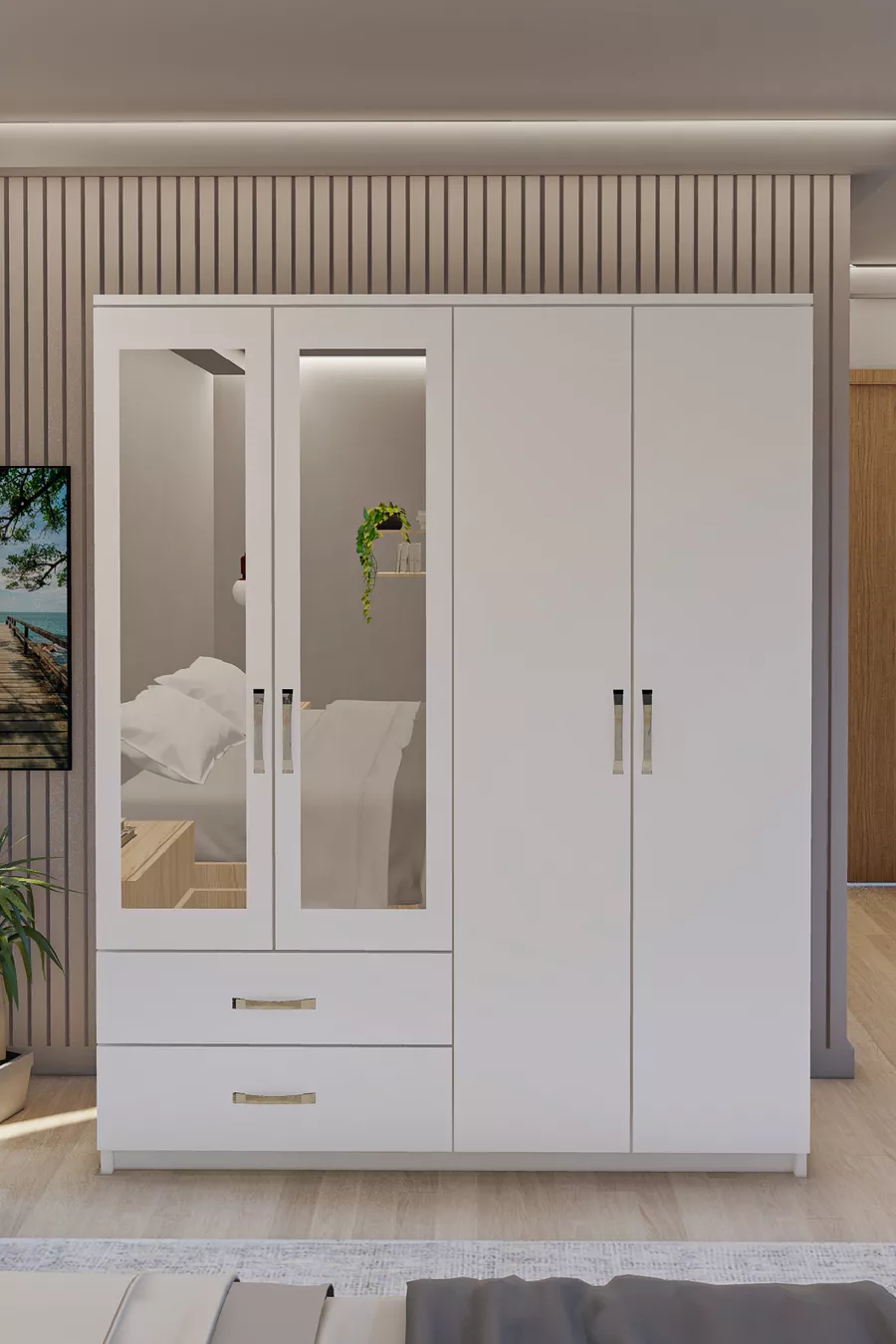 Armoire avec miroir, 4 portes et 2 tiroirs