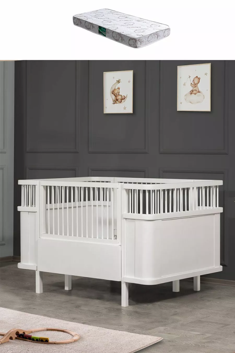 Berceau en MDF, Berceau Trend Grandissant - Blanc 1 Matelas Comfort