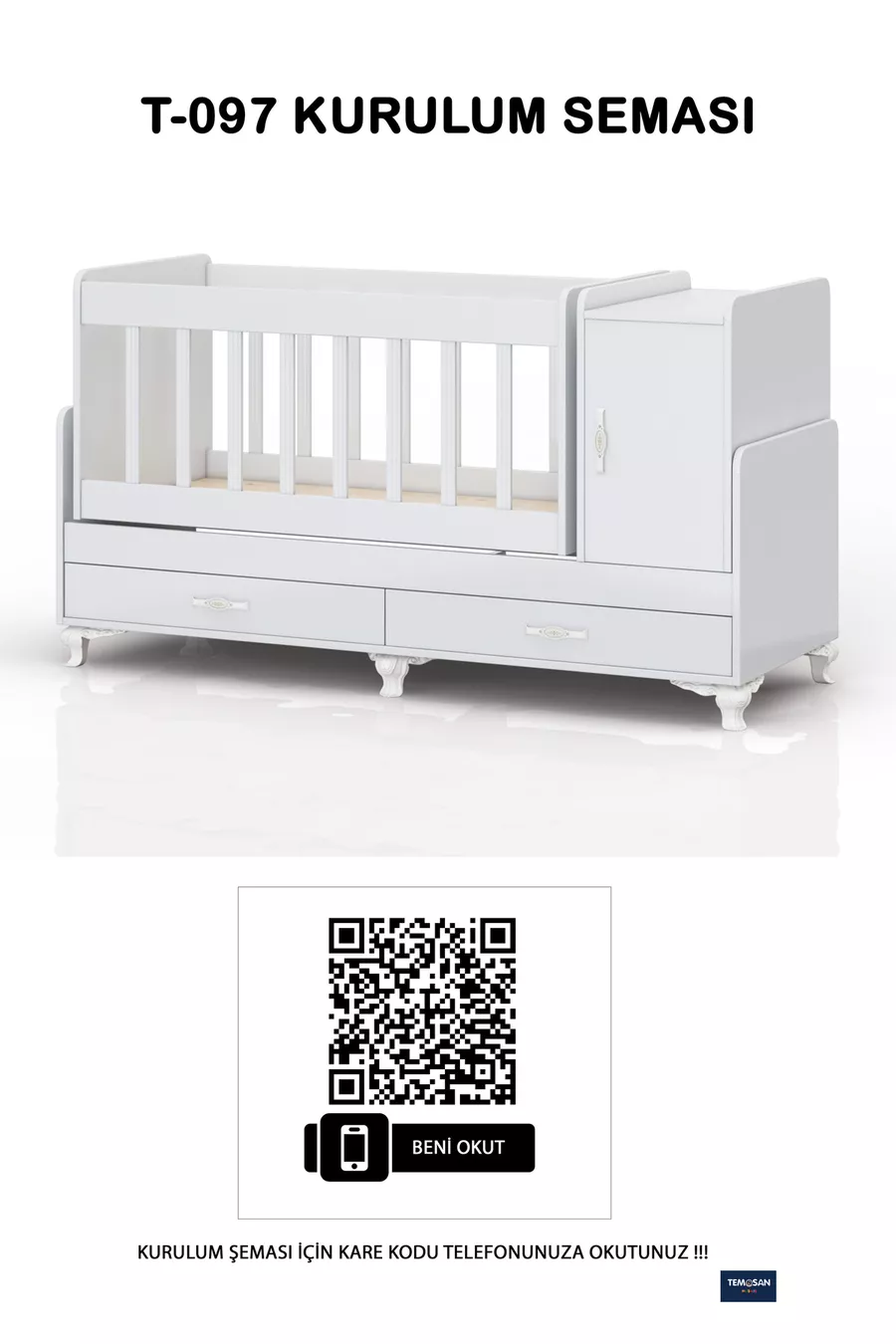 Lettino con sponde in MDF, accanto alla mamma, con armadio, cassetti, trasformabile in lettino più grande, culla a dondolo