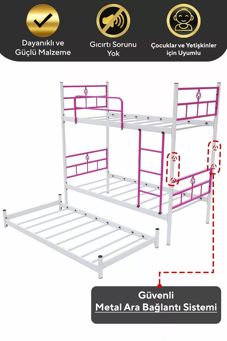 Koza Etagenbett mit Bettfunktion für 3 Personen, Dunkelrosa Metallbett