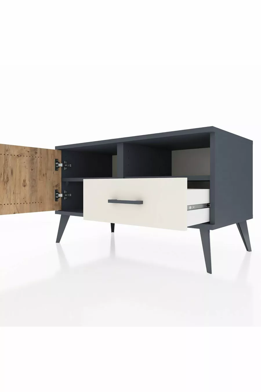 Commode Hyperion avec 2 étagères, 1 tiroir et 1 porte, Anthracite-Sapin/Pierre de lune
