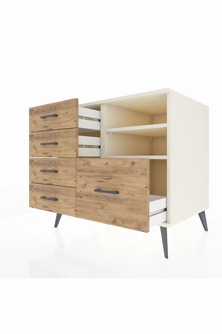 Kronos Dresser with 2 Shelves and 5 Drawers, Moonstone/Moonstone/Pine
