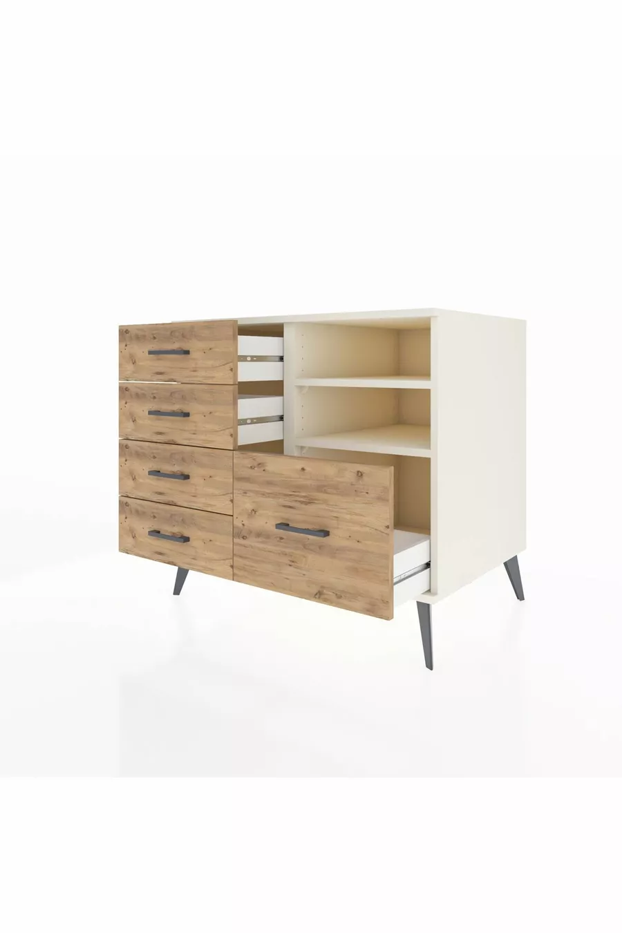 Kronos Dresser with 2 Shelves and 5 Drawers, Moonstone/Moonstone/Pine