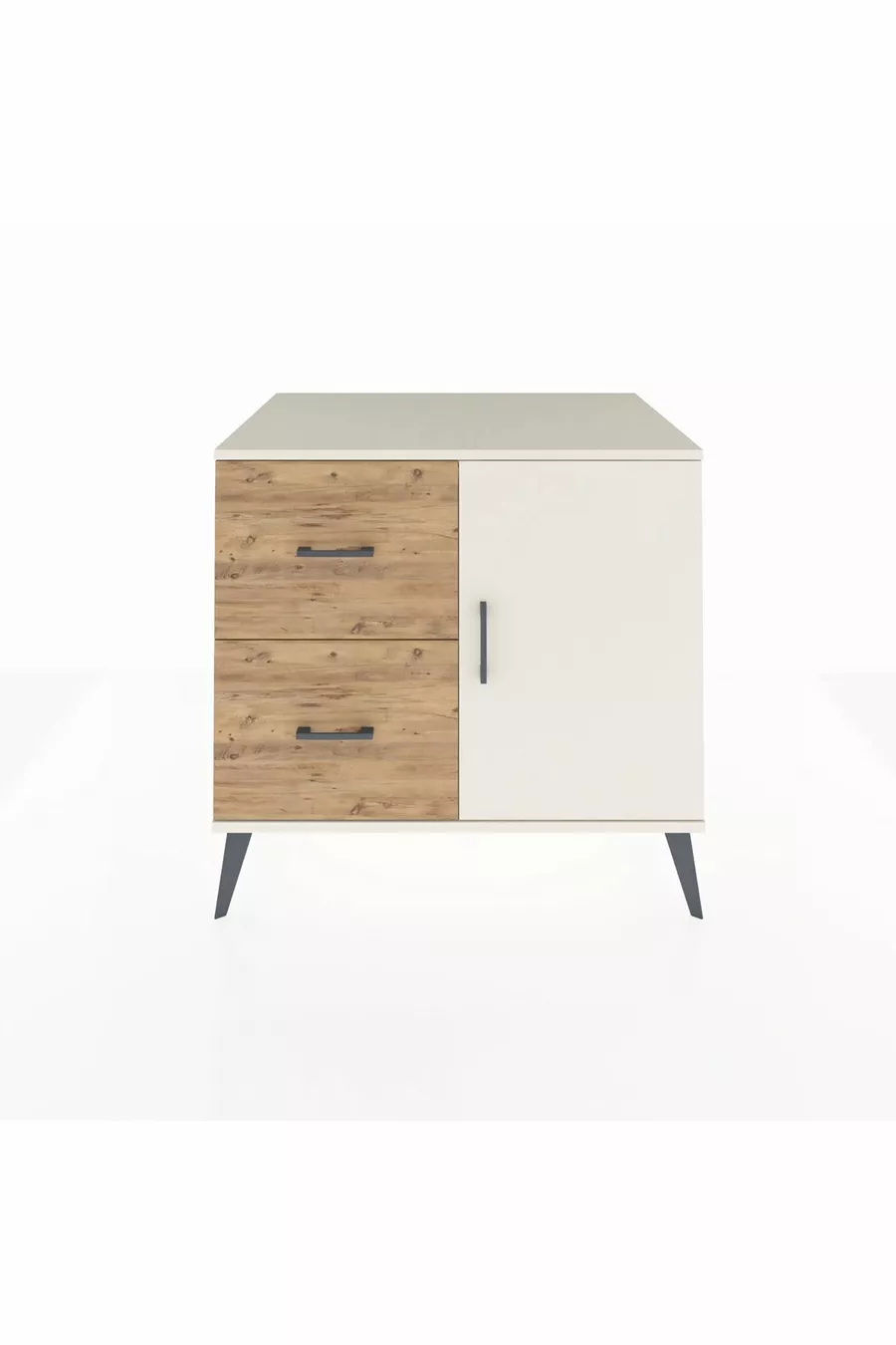 Commode Kronos à une étagère, deux tiroirs et une porte, couleur Pierre de Lune / Pin