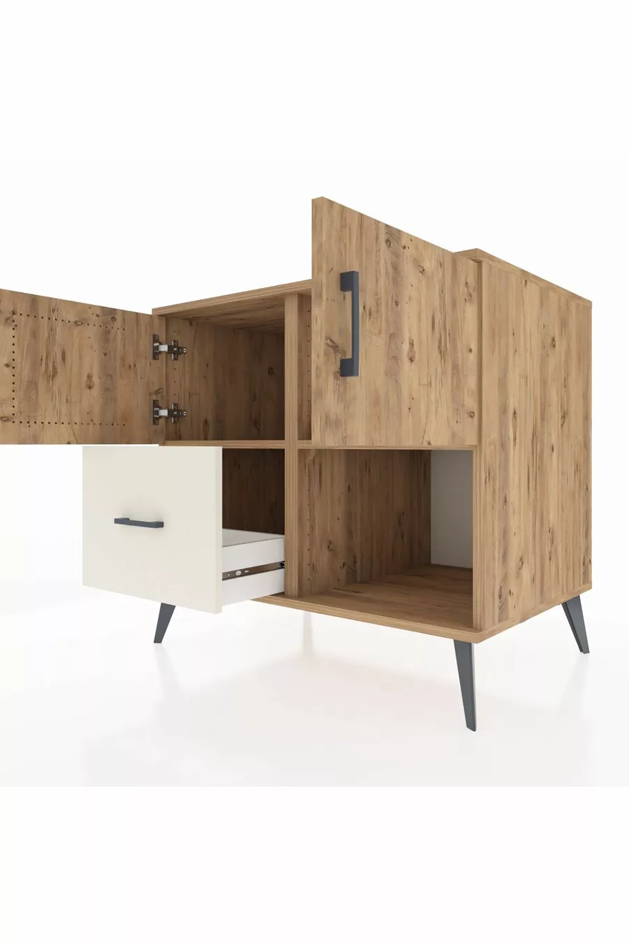 Commode Kronos avec 2 étagères, 1 tiroir, 2 portes, en pin-Pin/Grès