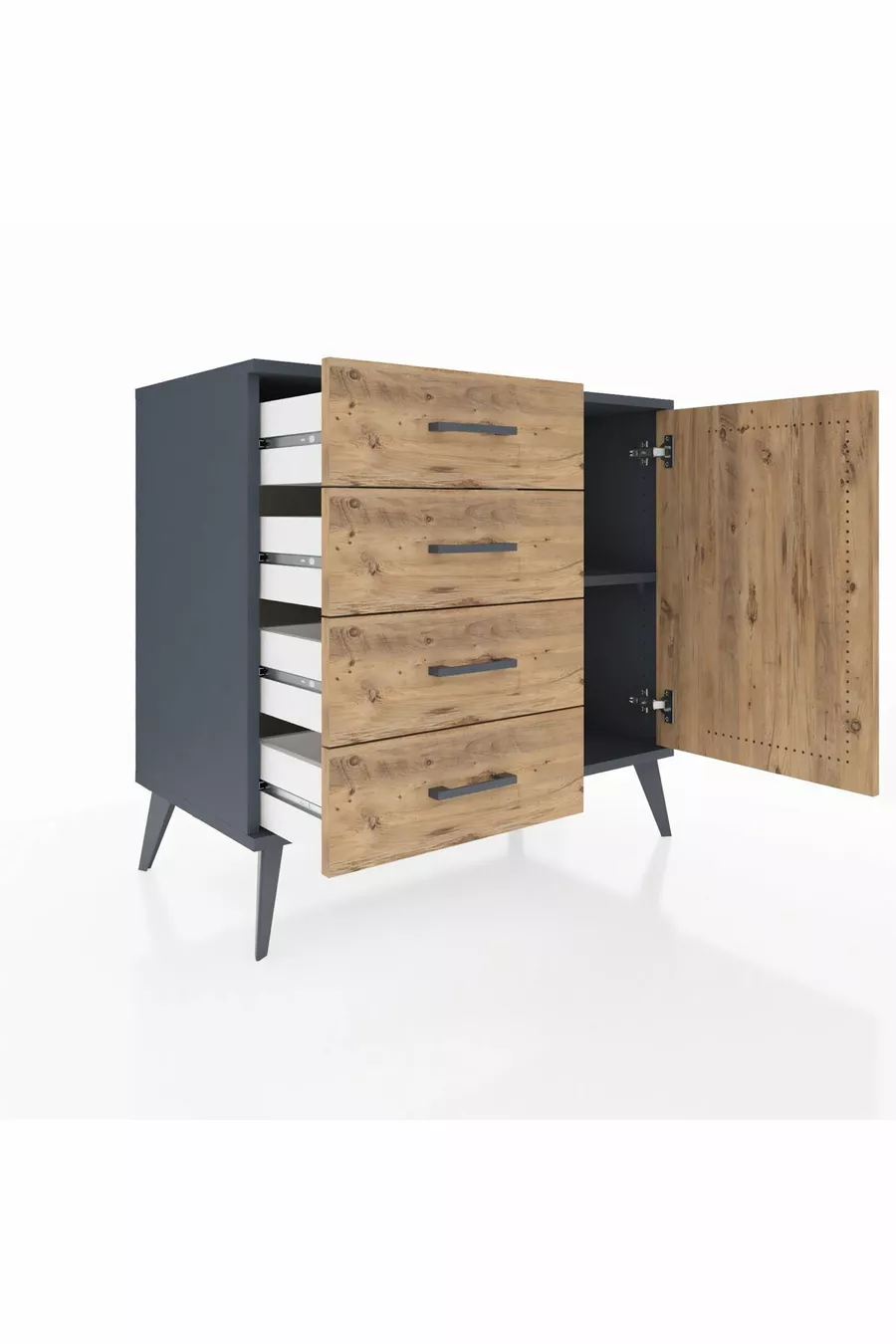 Commode Hyperion à une étagère, 4 tiroirs et une porte, Anthracite-Bois de pin