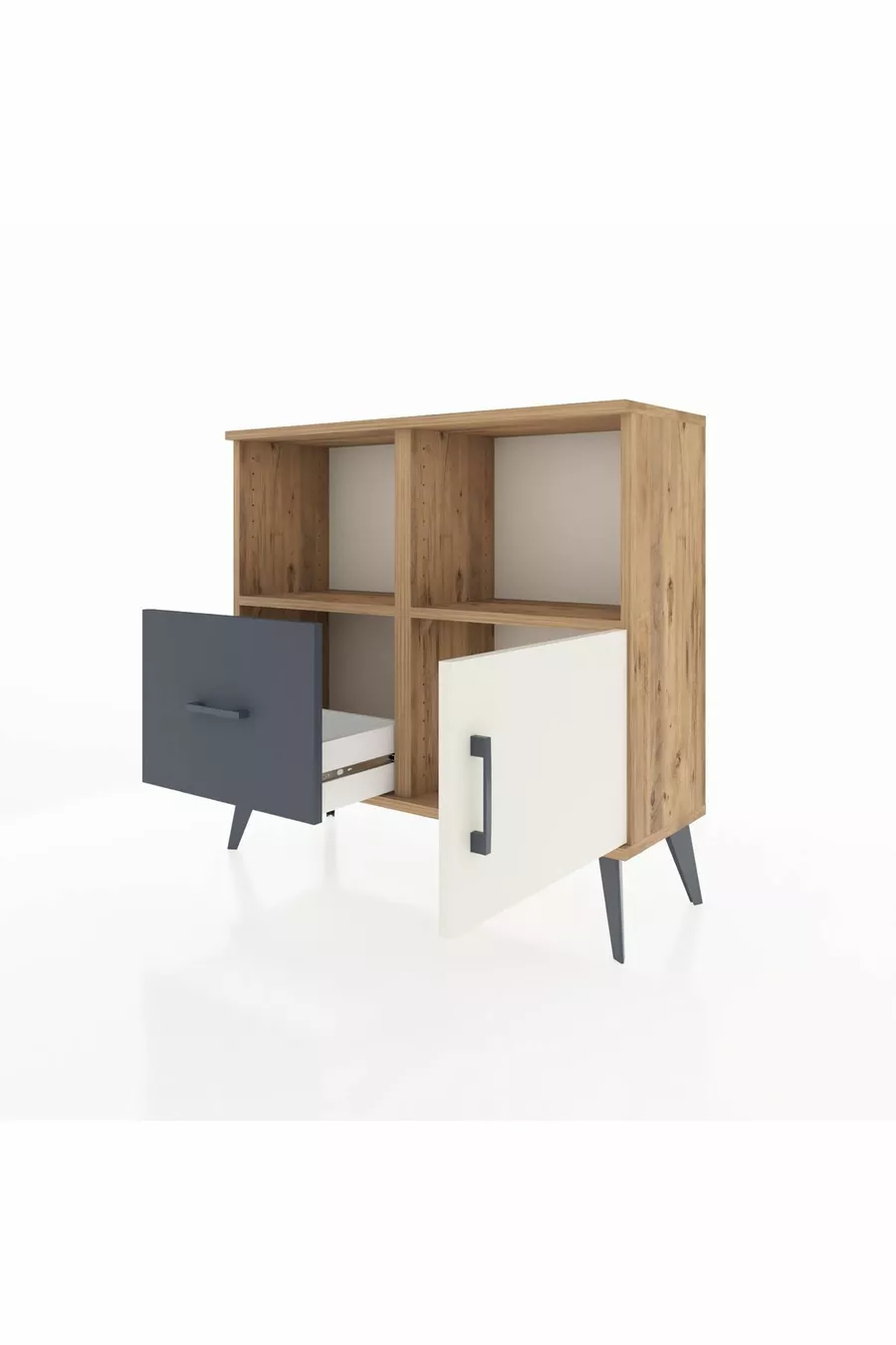 Commode Arges avec 2 étagères, 1 tiroir et 1 porte, en pin-pierre d'âme/antracite