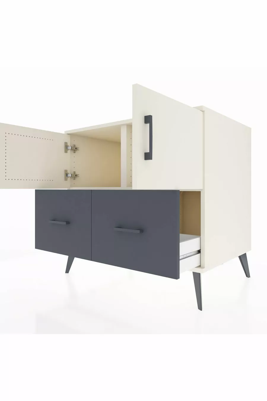 Commode Kronos avec 2 étagères, 2 tiroirs et 2 portes, Pierre de Lune/Anthracite