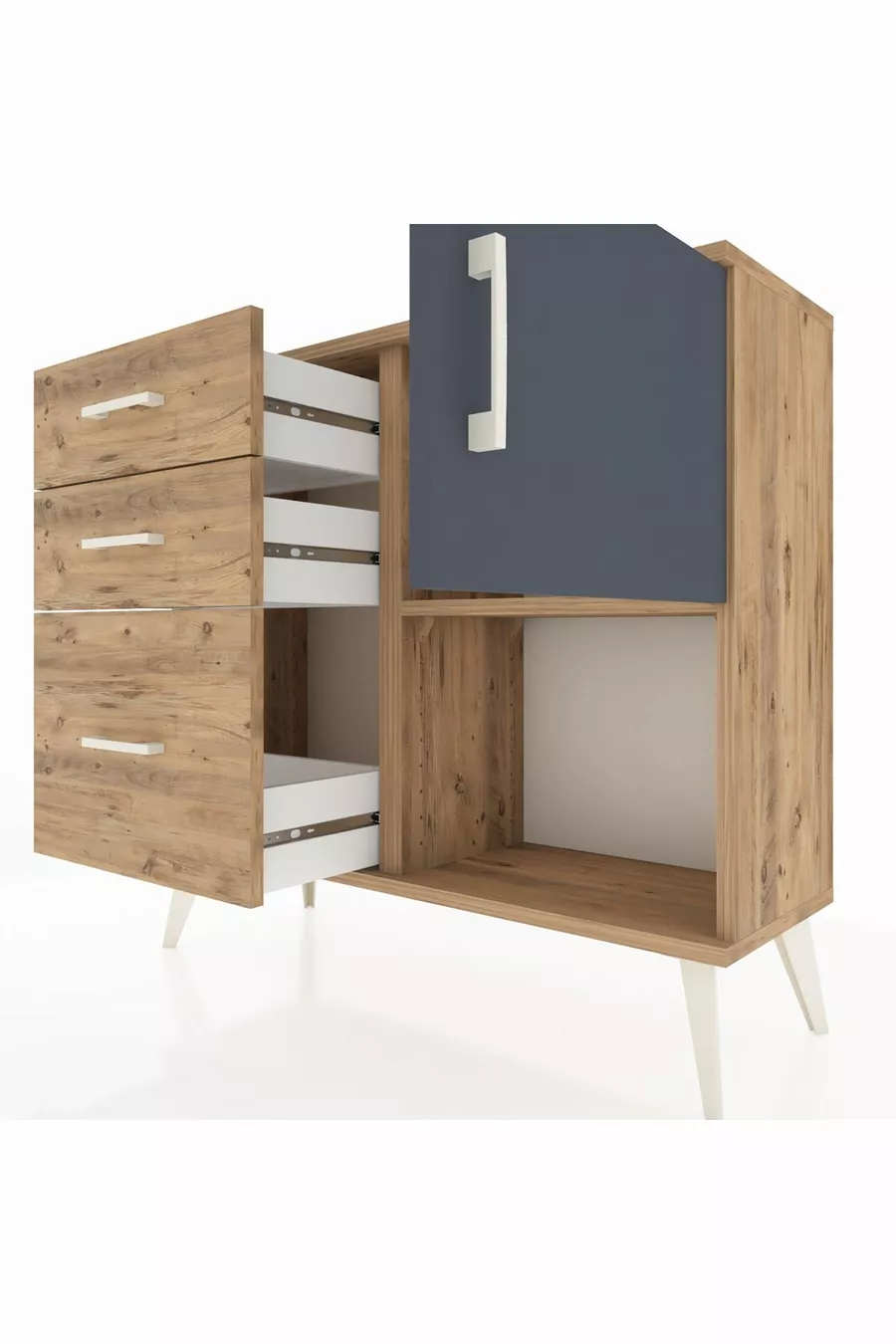 Commode Arges avec une étagère, 3 tiroirs et une porte, pin-anthracite/pin