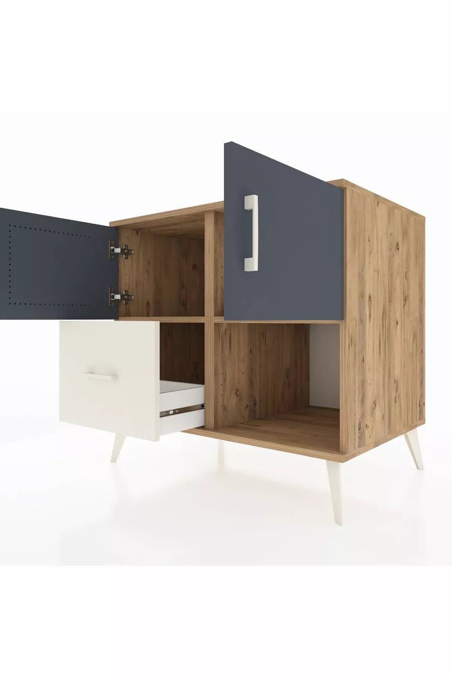 Commode Kronos avec 2 étagères, 1 tiroir, 2 portes, en pin anthracite/pierre de lune
