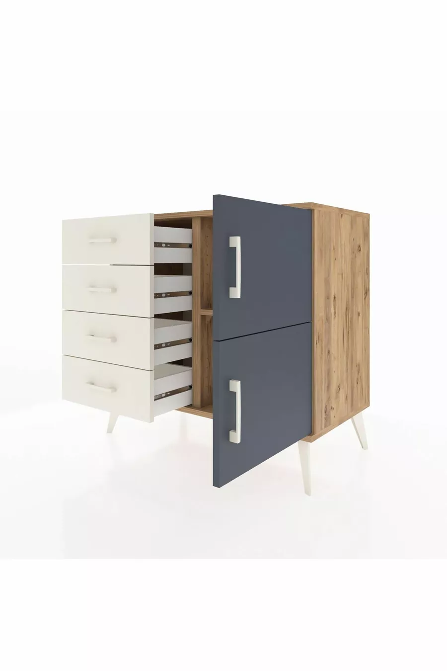 Commode Hyperion avec une seule étagère, 4 tiroirs et 2 portes, pin-anthracite/pierre de lune