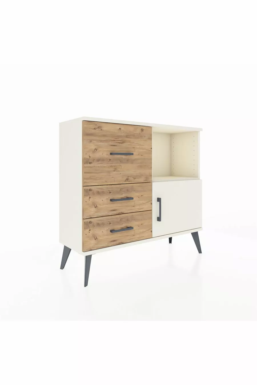 Commode Arges avec une seule étagère, 3 tiroirs et une porte, couleur Pierre de Lune/Pin