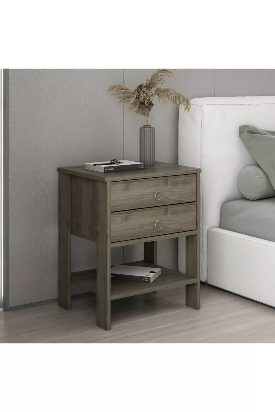 Zen Modern Nachttisch mit 2 Schubladen, Nussbaum