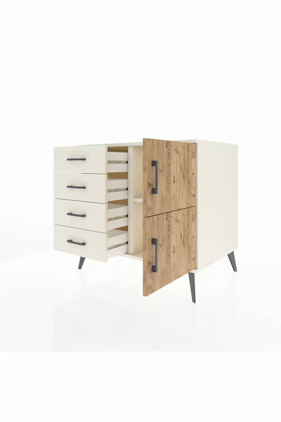 Commode Kronos à une étagère, 4 tiroirs, 2 portes, Pierre de Lune/Pin