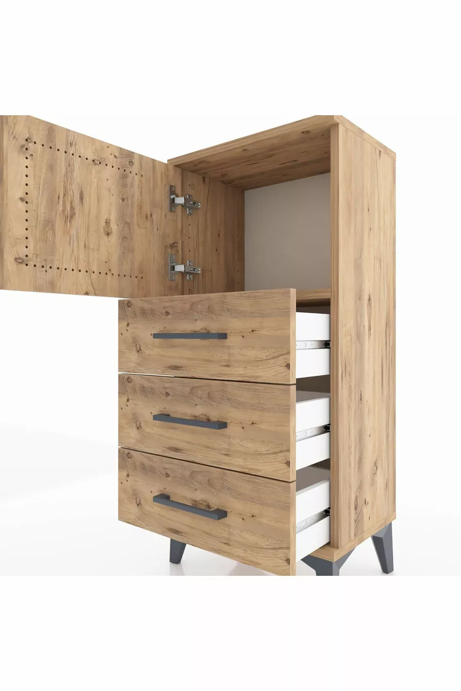 Chevet Arges avec une étagère, 3 tiroirs et une porte, en pin