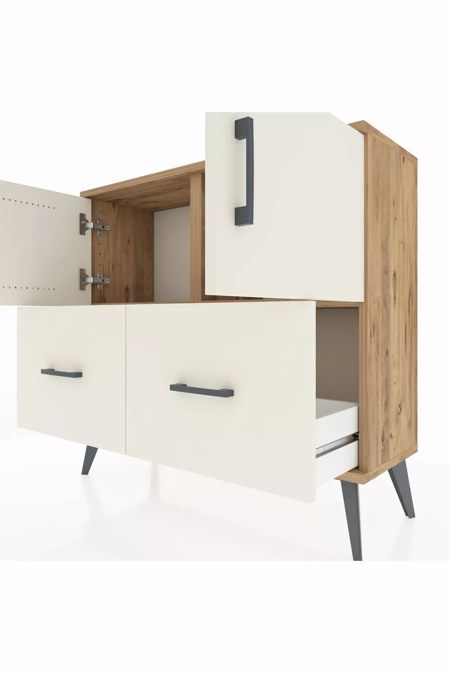 Commode Arges avec 2 étagères, 2 tiroirs et 2 portes, en pin et pierre d'onyx