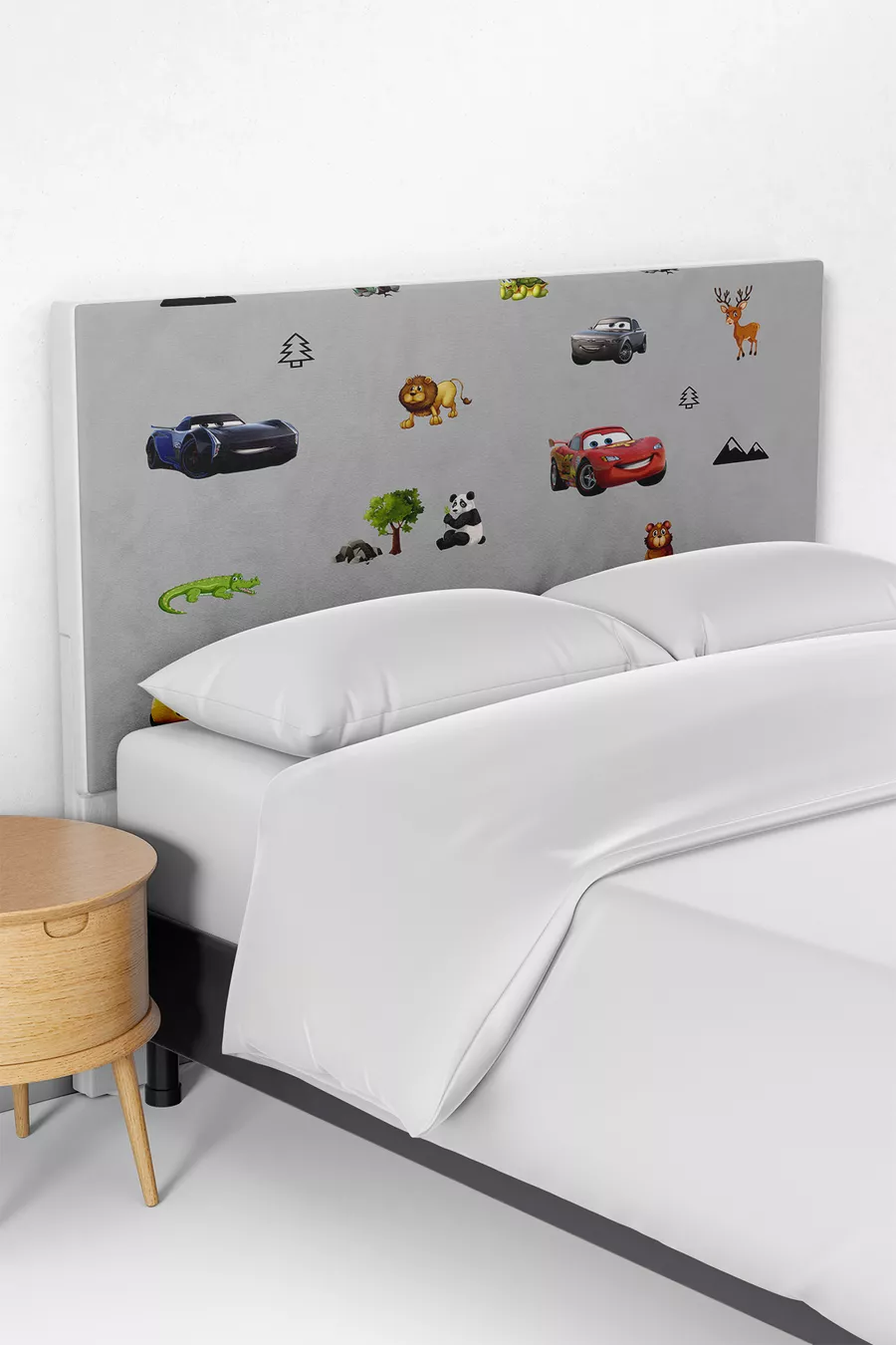 Fodera per Testata del Letto per Bambini con Motivo McQueen di Animali Grigi Carini