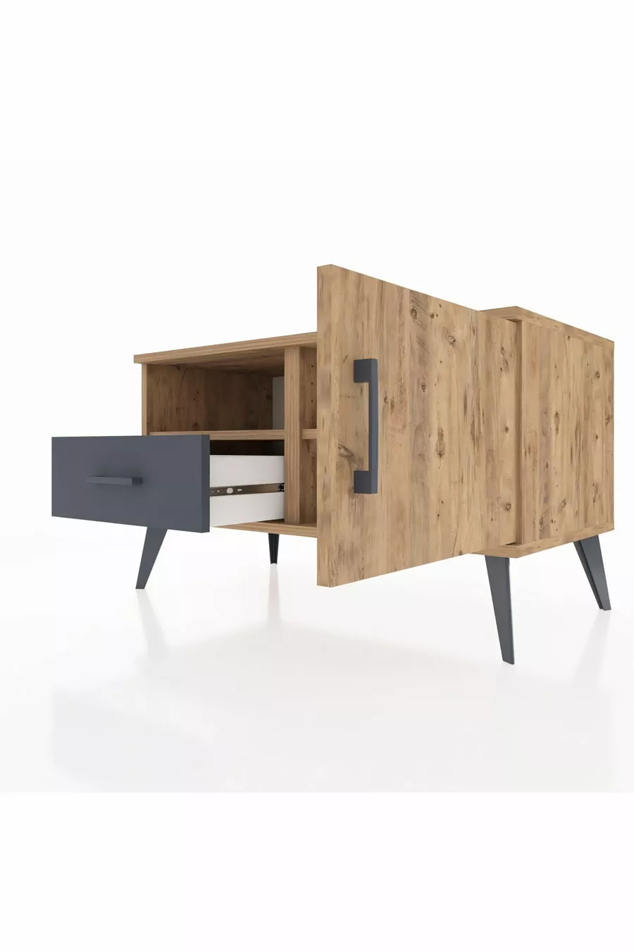 Commode Hyperion avec 2 étagères, 1 tiroir et 1 porte, Pin-Pin/Anthracite