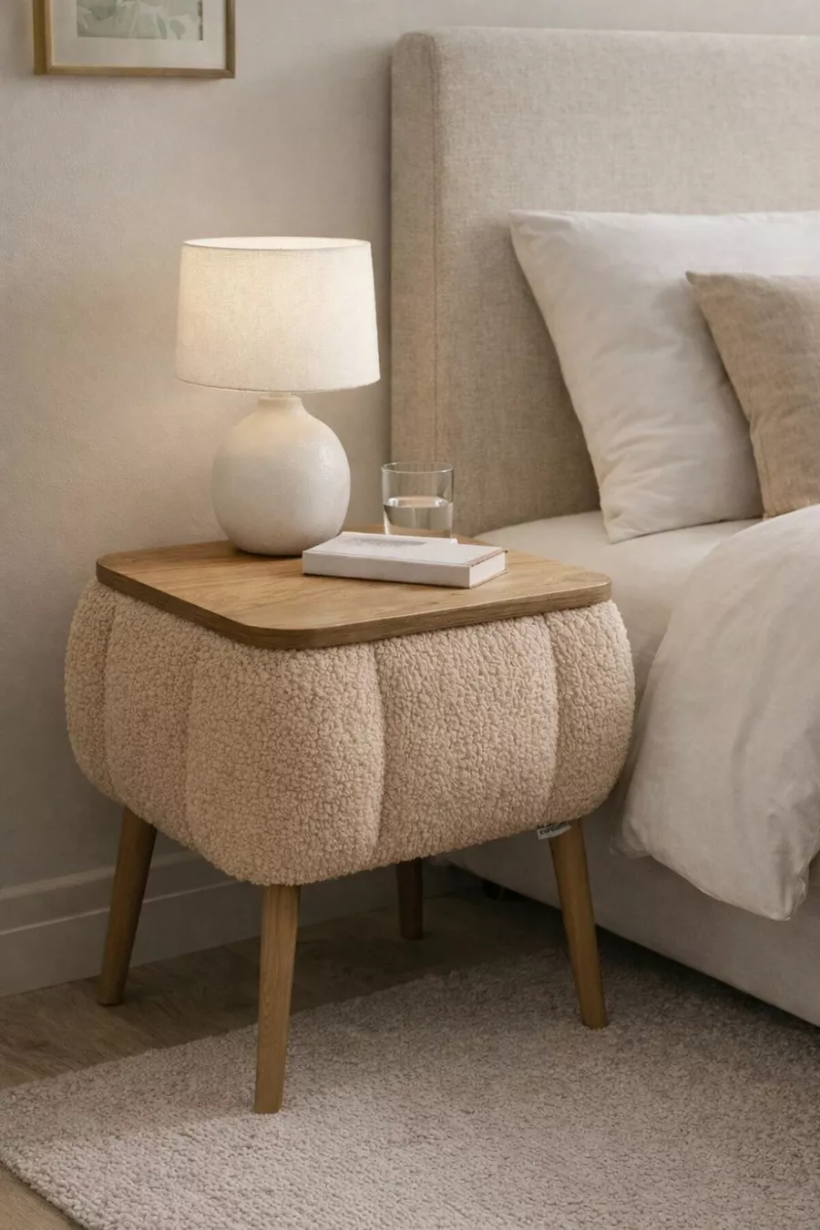 Lina Sandıklı Nightstand, Modern Nightstand with Teddy Fabric Upholstery and Wooden Legs