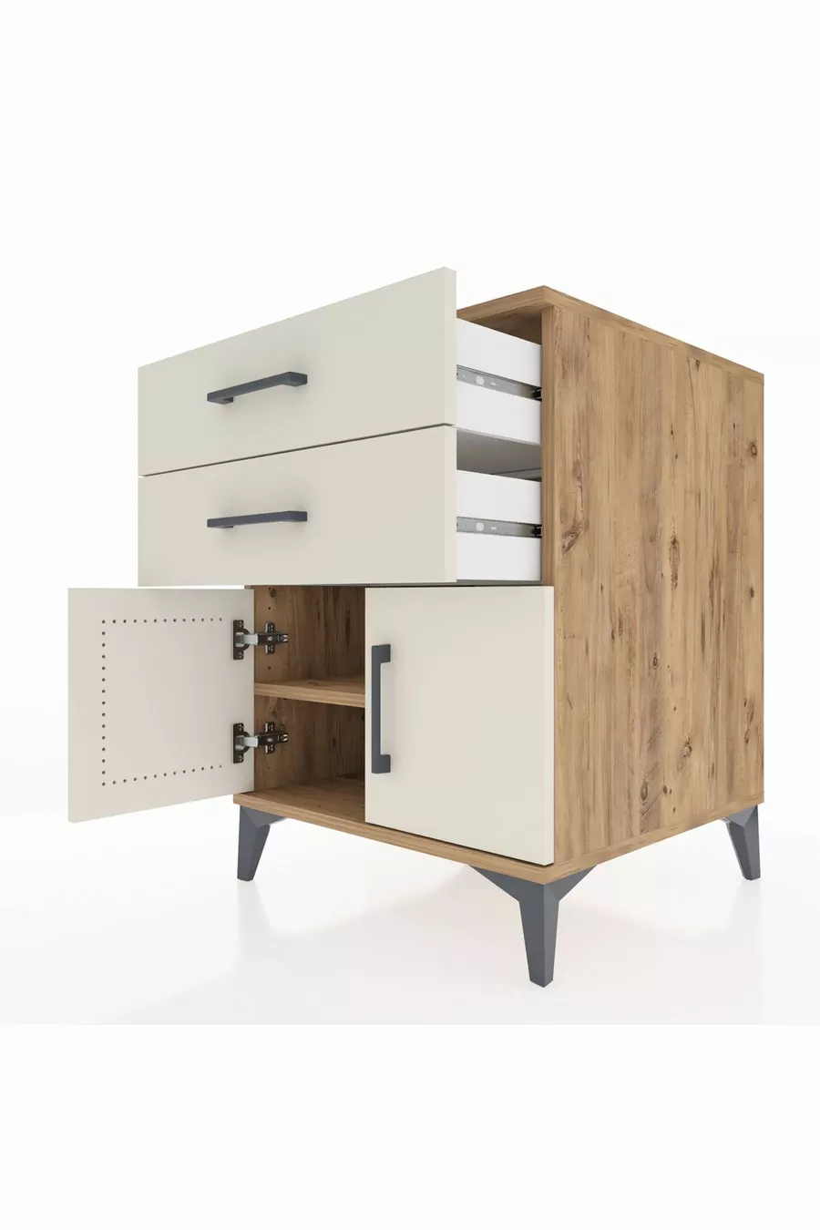 Kronos Table de chevet avec une étagère, 2 tiroirs et 2 portes, pin-pierre d'ardoise
