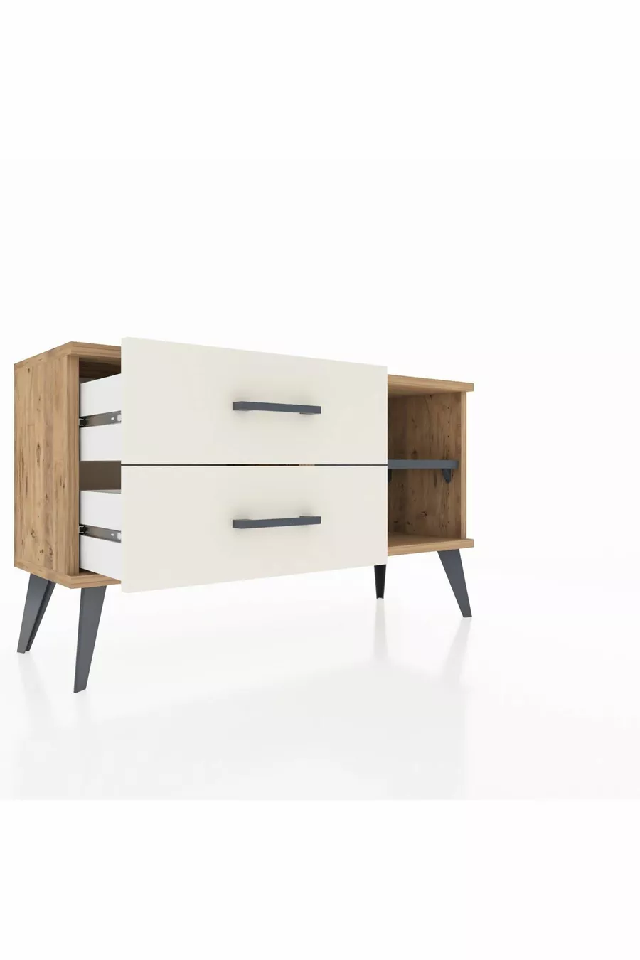 Commode Arges à une étagère et deux tiroirs en pin anthracite/granit