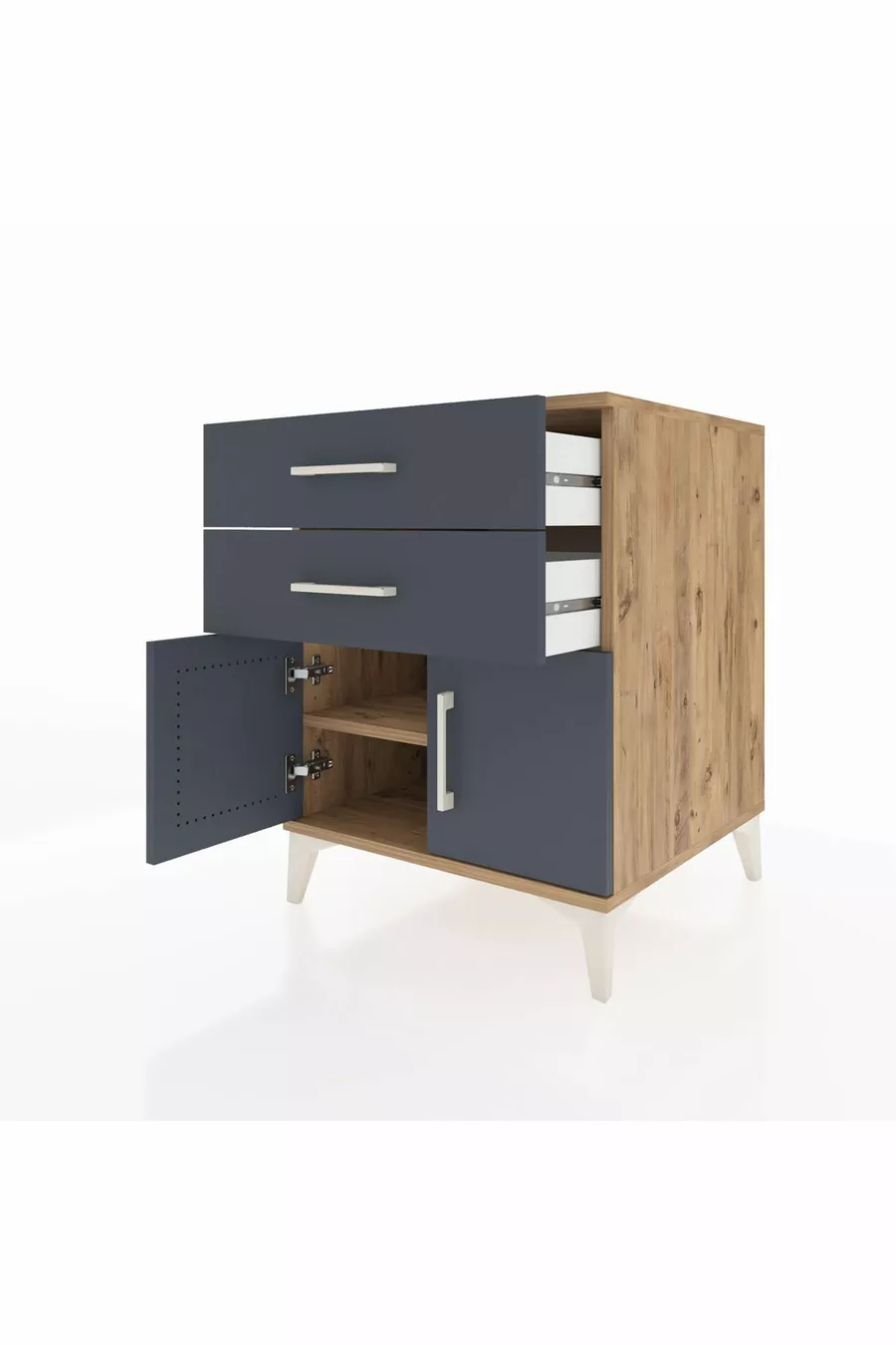 Kronos Table de chevet avec une étagère, 2 tiroirs et 2 portes, pin-anthracite