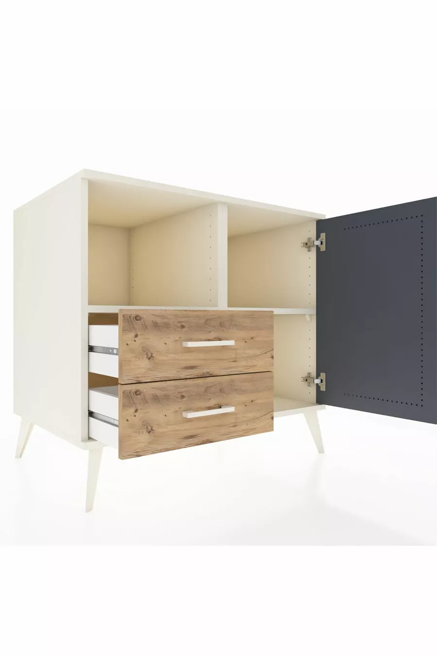 Commode Kronos à 2 étagères, 2 tiroirs, 1 porte, Pierre de lune-Anthracite/Pin