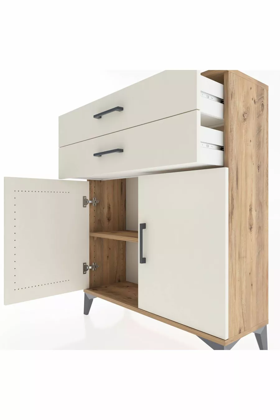 Commode Arges avec 2 étagères, 2 tiroirs et 2 portes, pin-pierre d'ardoise