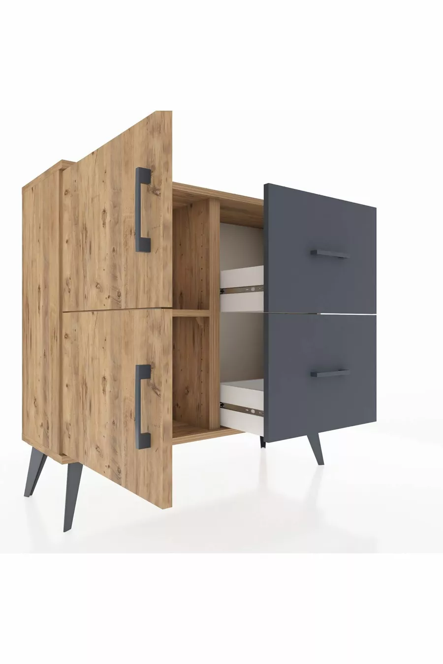 Commode Arges avec une étagère, 2 tiroirs et 2 portes, Pin-Pin/Anthracite