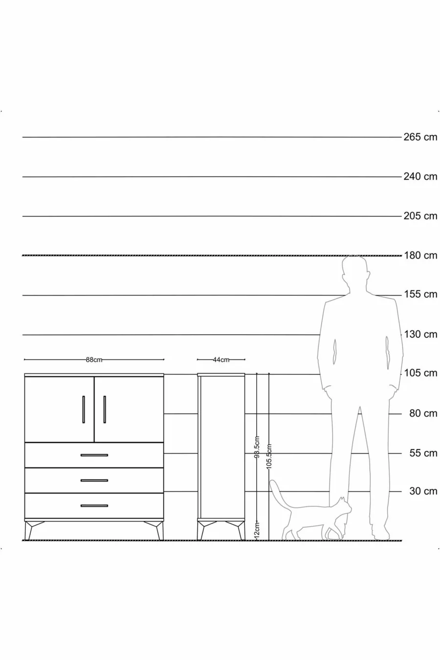 Commode Hyperion avec 2 étagères, 3 tiroirs et 2 portes, Pierre de Lune-Anthracite
