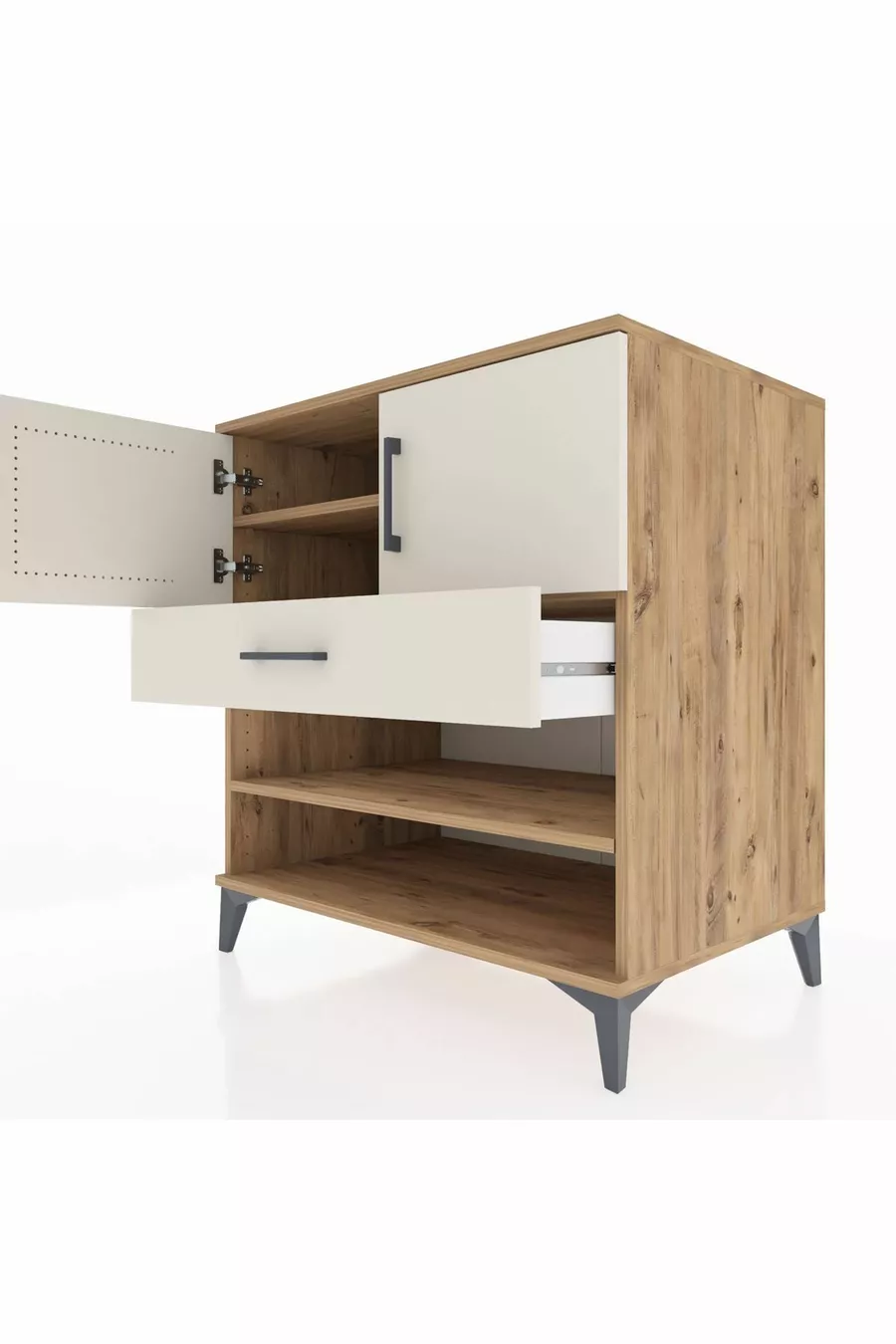 Commode Kronos 3 étagères 1 tiroir 2 portes Pin-Gris