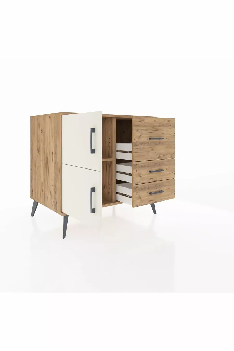 Commode Kronos à une étagère, 3 tiroirs et 2 portes, Pin-Aigue-marine/Pin