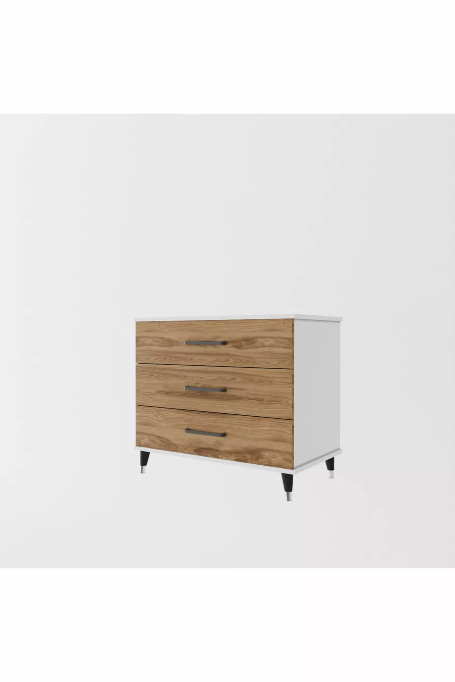 Commode à trois tiroirs (BLANC BRILLANT + BOIS FONCÉ)