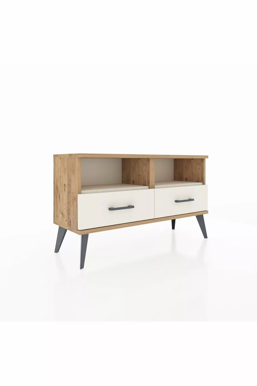 Commode Arges 2 étagères 2 tiroirs Pin-Pierre de lave