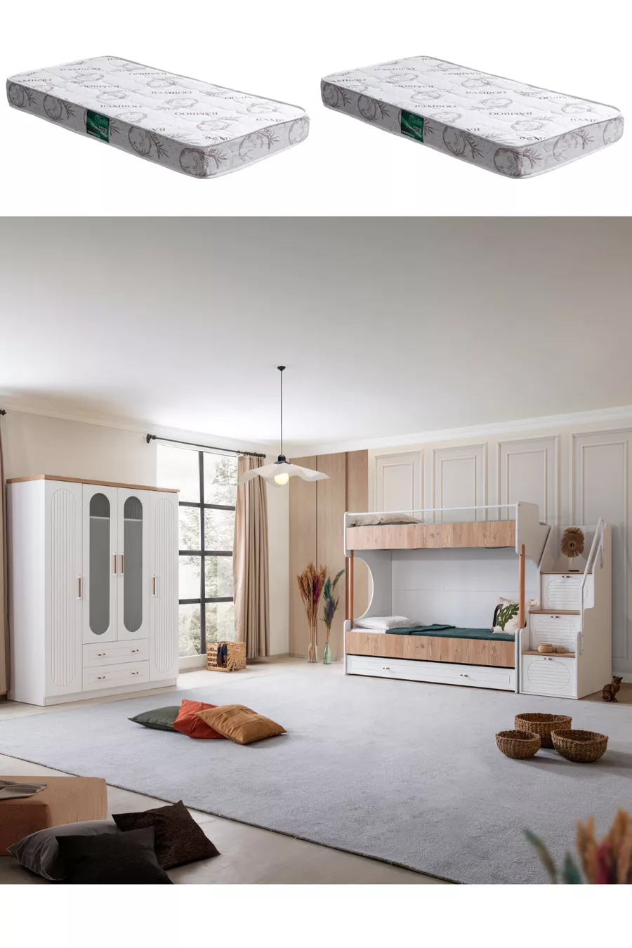 Lits superposés Ranza, Vita Bohem avec tiroirs en noyer et armoire à 4 portes, 2 matelas Comfort