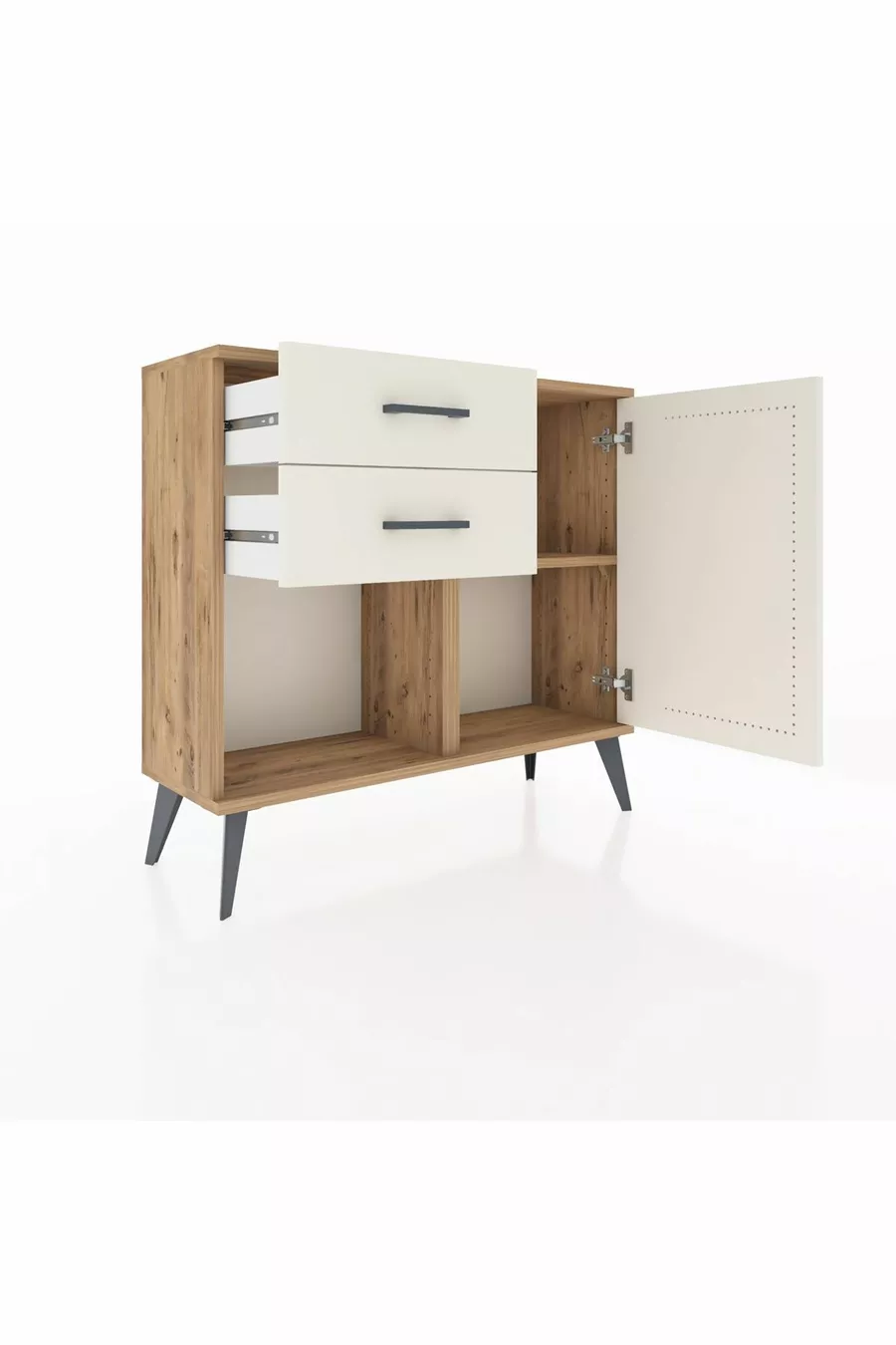 Commode Arges à une étagère, 2 tiroirs et une porte, pin et pierre de l'ay