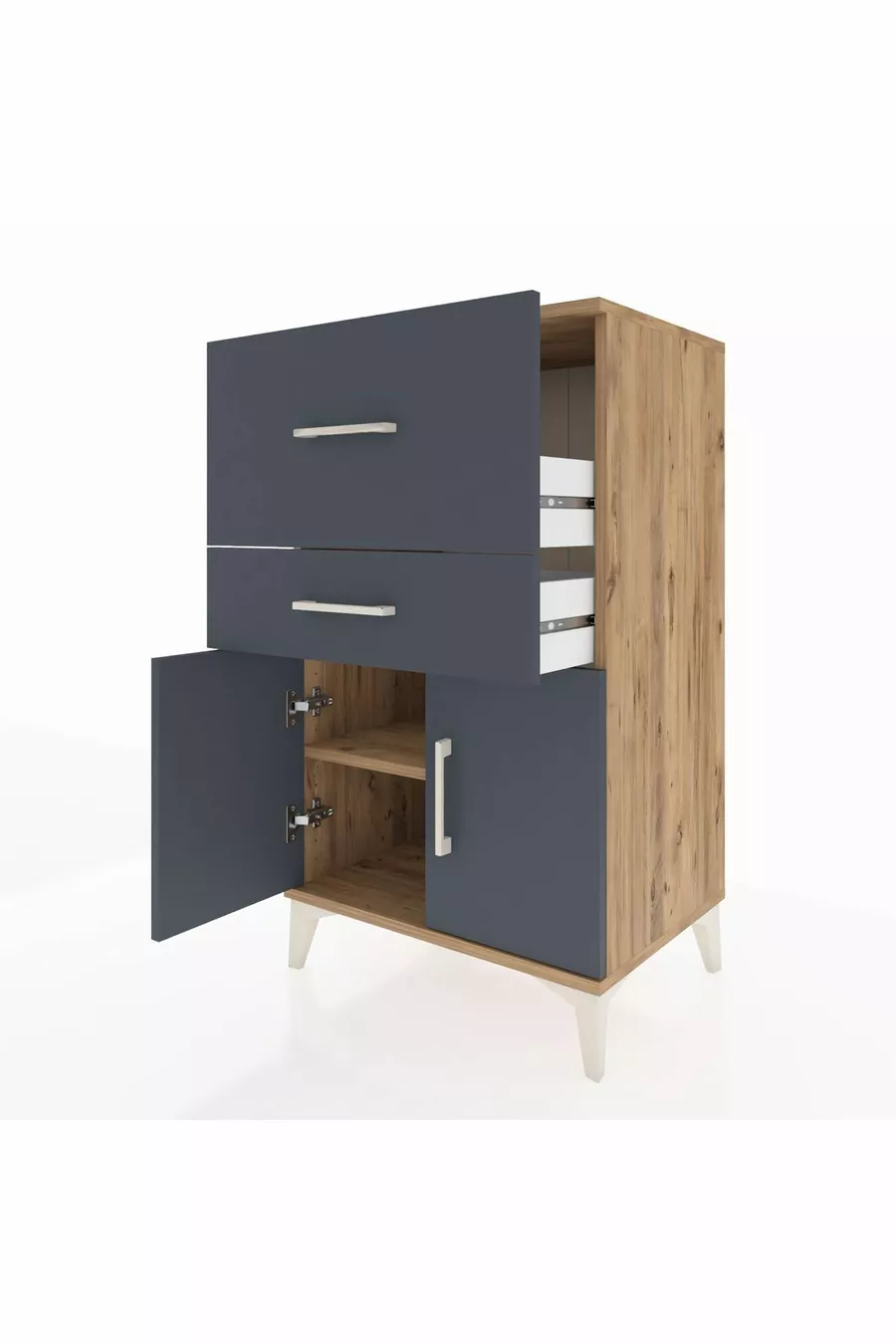 Table de chevet Hyperion avec une étagère, 2 tiroirs et 2 portes, pin-anthracite