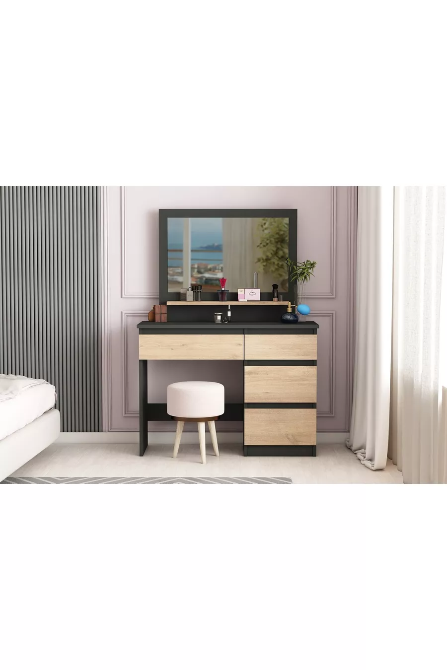 Duru Makeup Table, 4 Drawers, With Mirror, Shelves, Anthracite - Atlantic Pine