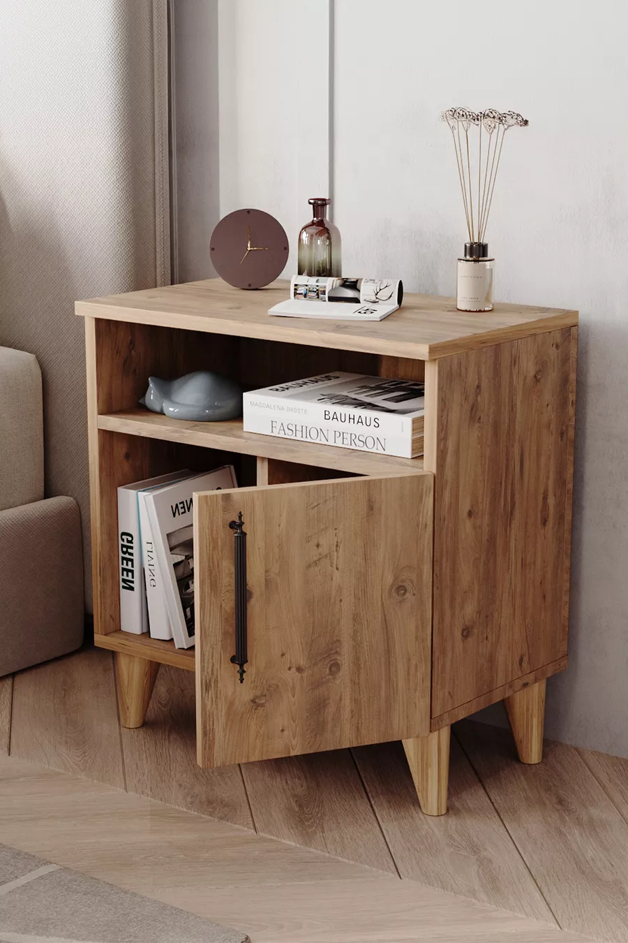 Table de chevet à 2 compartiments avec porte, en pin Atlantique