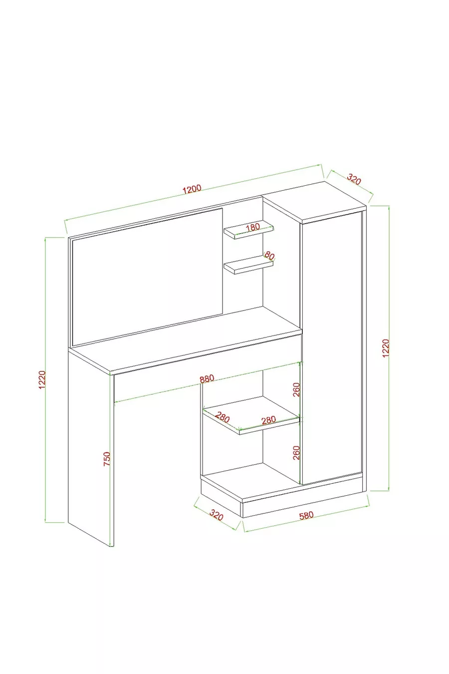 Orkide Schminktisch, mit 1 Schublade, Schrank und Spiegel
