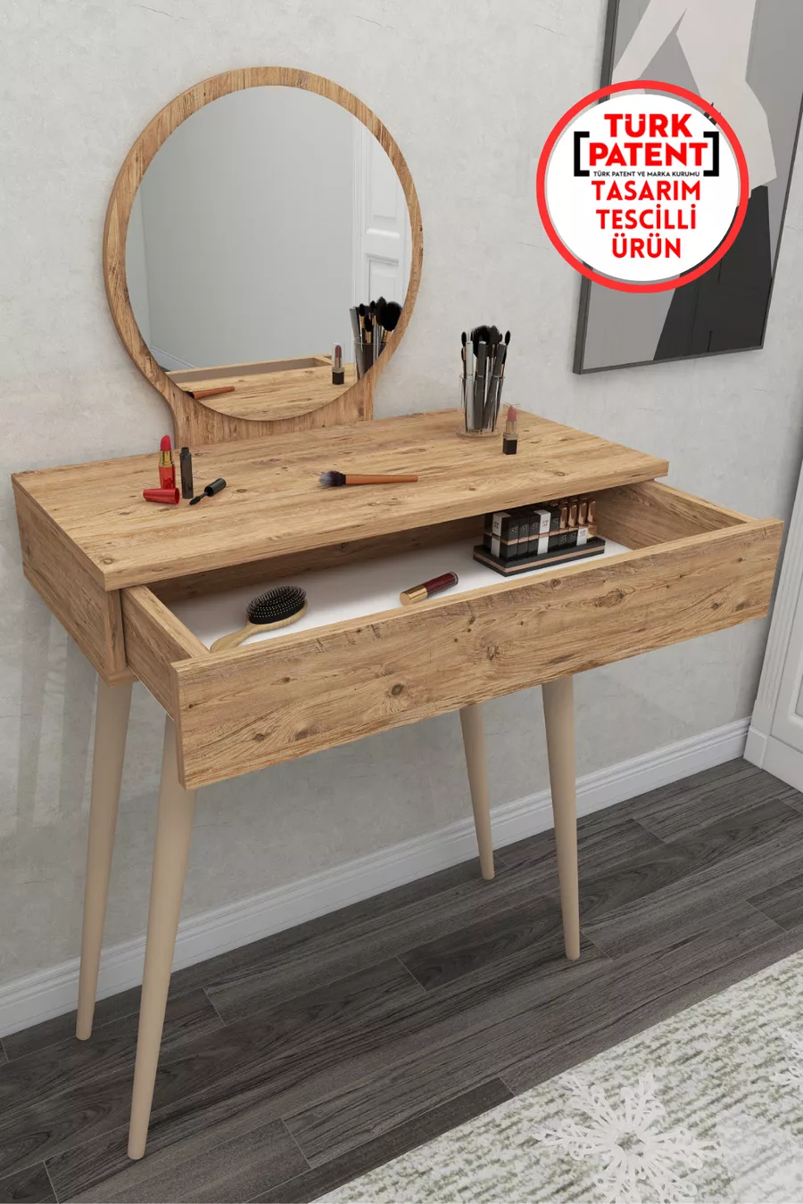 Coiffeuse avec miroir et tiroirs Siena sur pieds en bois, pin Atlantique - Siena