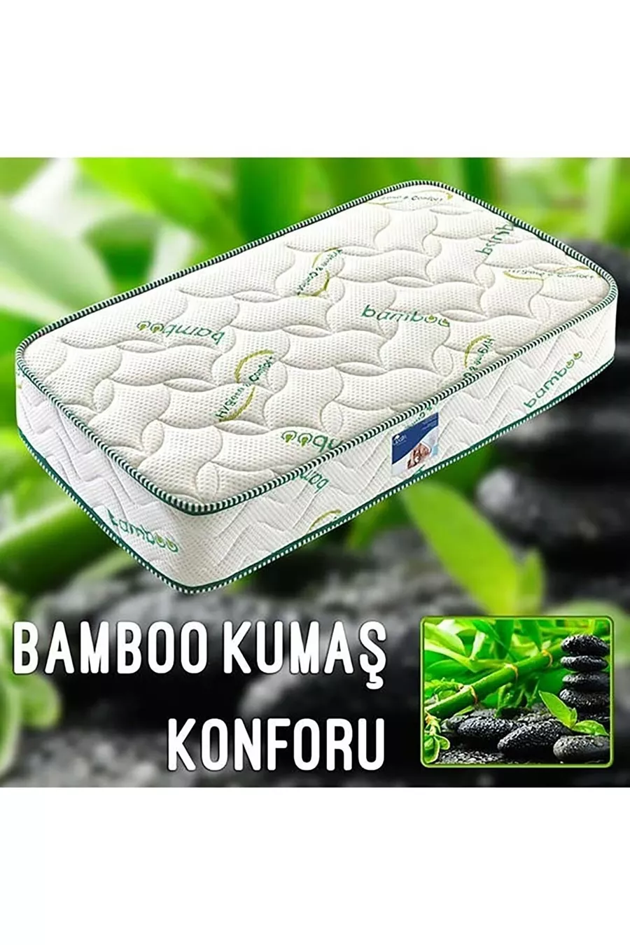 Orthopädisches Bambus-Einzelbett mit Federkernmatratze und Bambuskissen als Geschenk